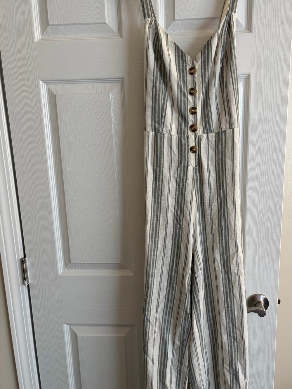 Striped Cream and Gray Linen-Blend Jumpsuit with Buttons